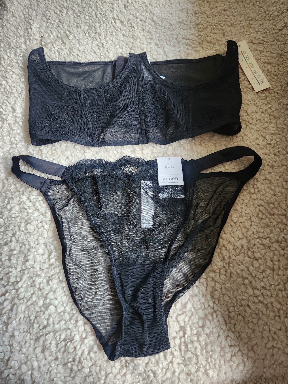 Auden Black Sheer Lace Bralette and Bikini Set, Size Medium